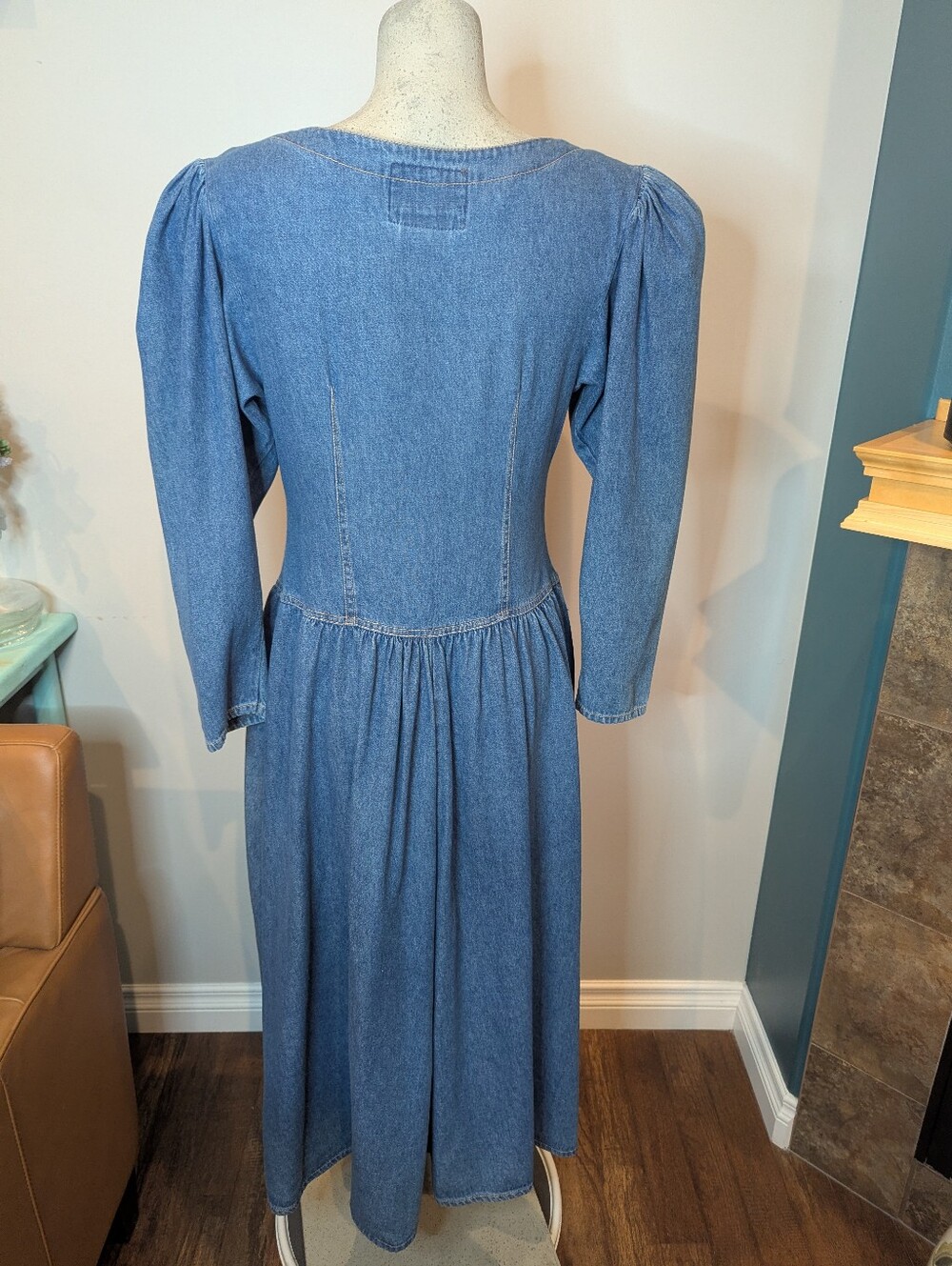 Vintage prairIe Blue Denim Chambray Modest Cottagecore Dress w/Lace Collar Sz L - Picture 4 of 13